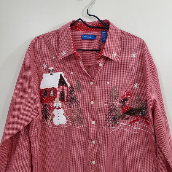 Karen Scott Women's Sport Button Up Christmas Long Sleeve Red White Size XL - Picture 3 of 12